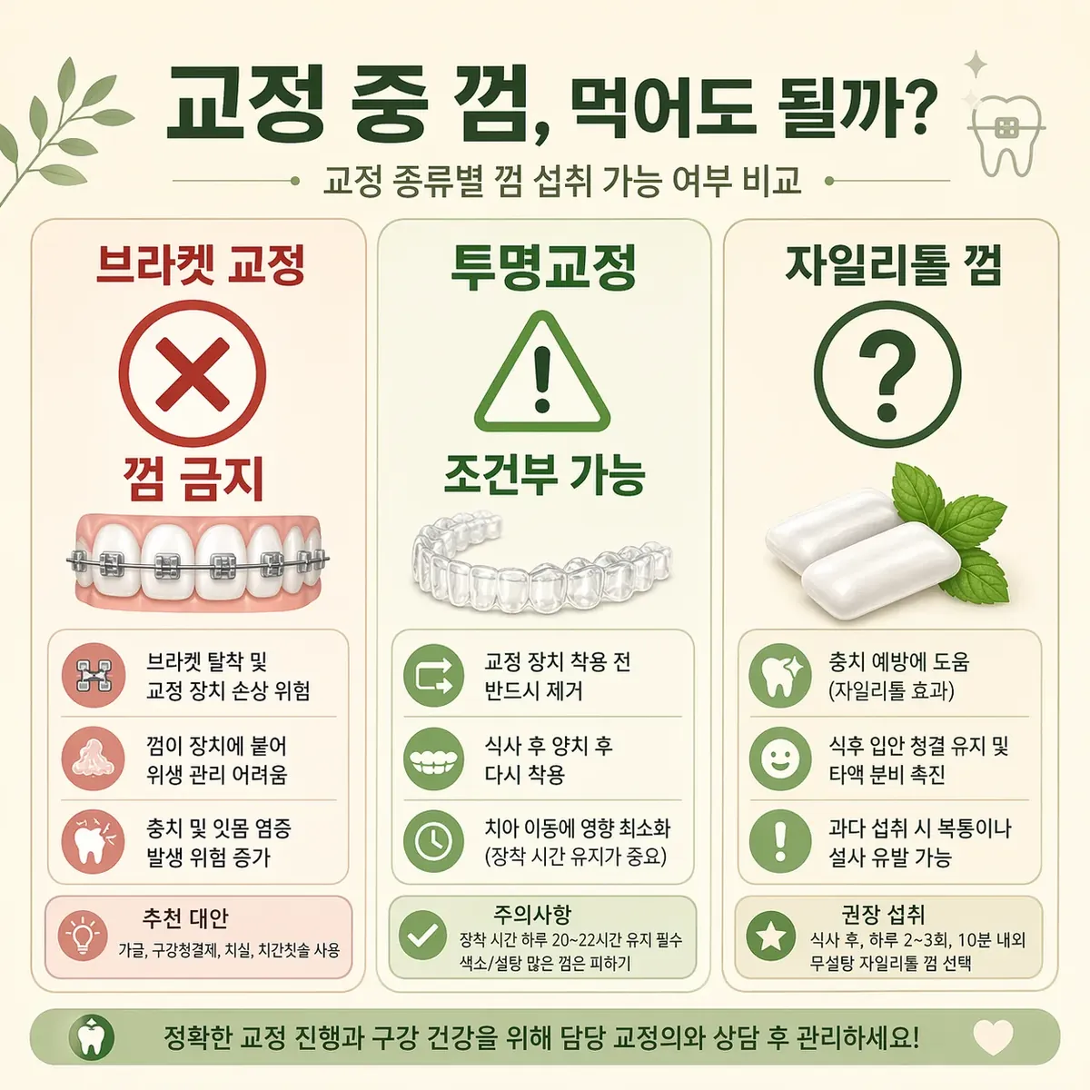브라켓 vs 투명교정 껌 규칙 인포그래픽