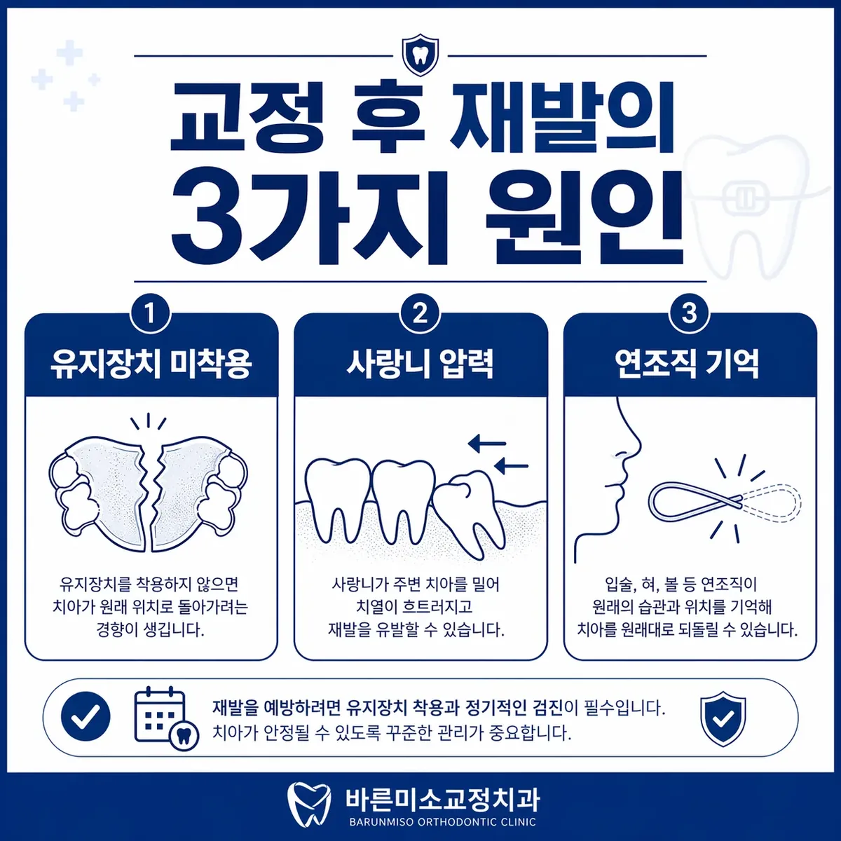 교정 재발 3가지 원인 인포그래픽