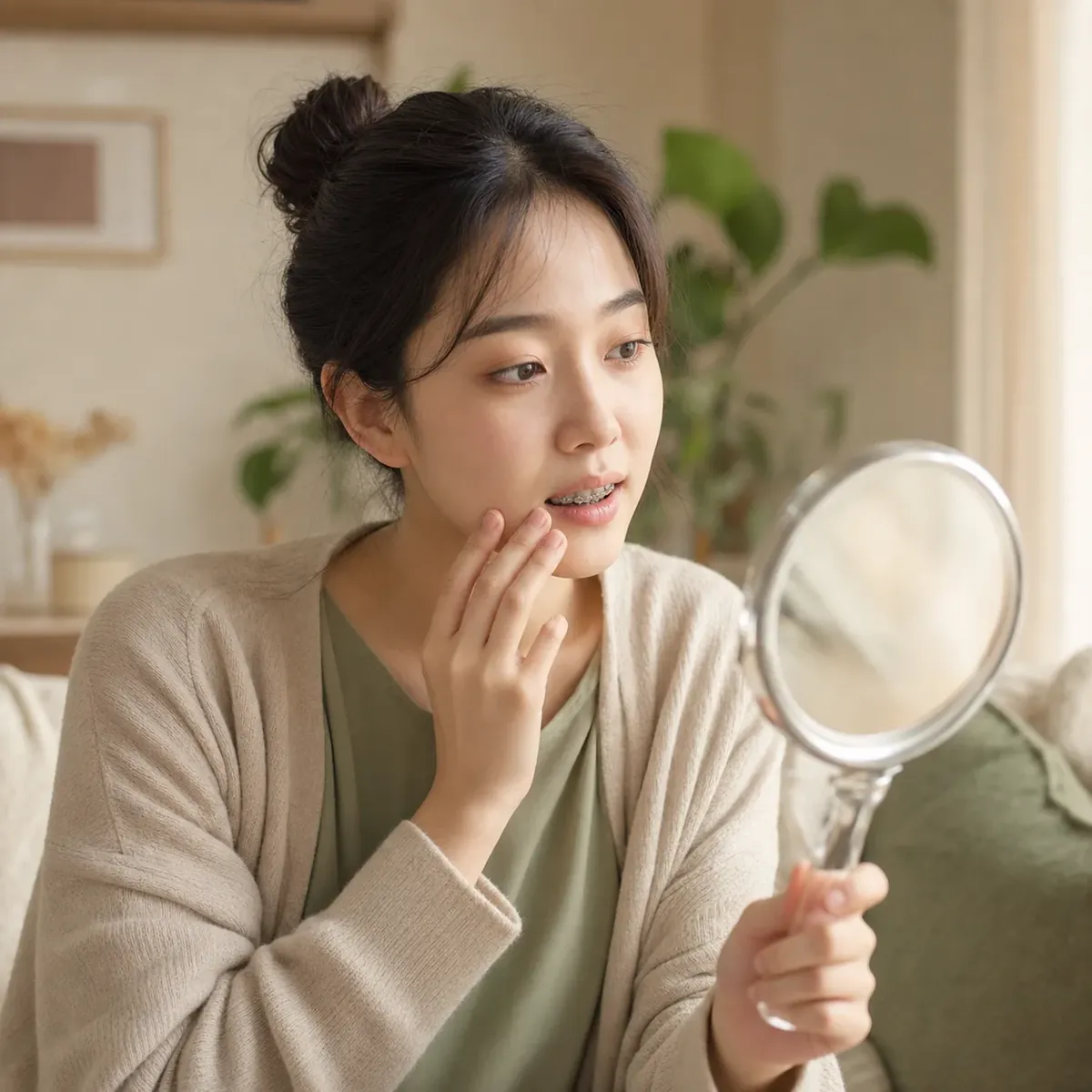 교정 중 자신의 와이어를 거울로 살펴보는 환자