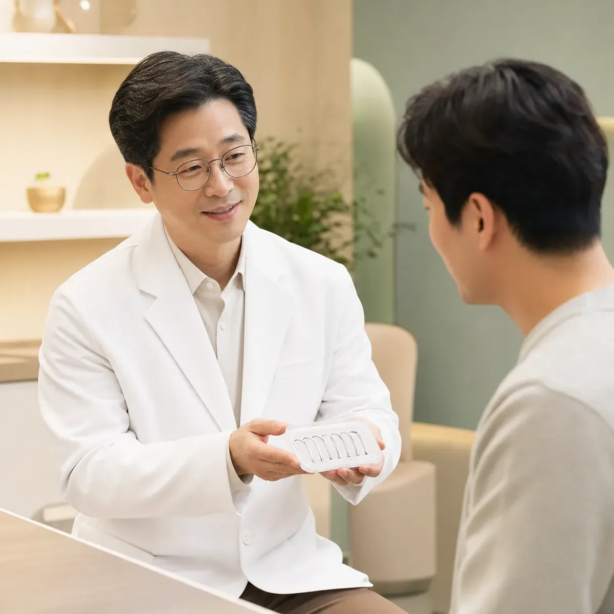 다양한 두께의 교정 와이어를 환자에게 설명하는 교정전문의