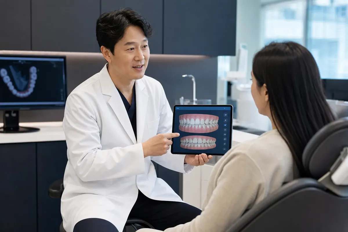 최광효 원장이 태블릿으로 교정 계획을 설명하는 모습 - 아너스교정치과