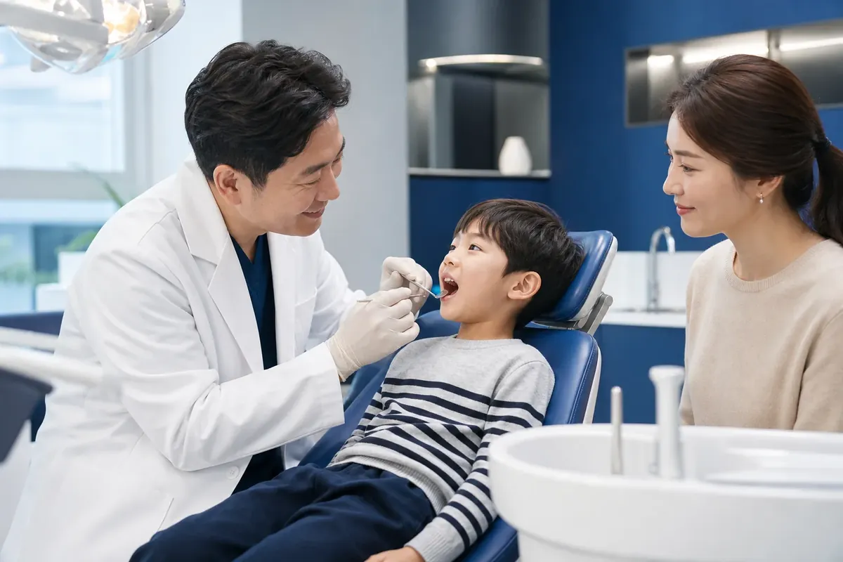최광효 원장이 아이의 교합을 진찰하는 모습 - 아너스교정치과